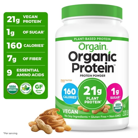 Orgain Organic Vegan 21g Protein Powder, Plant Based Shake Drink, Peanut Butter 2.03lb