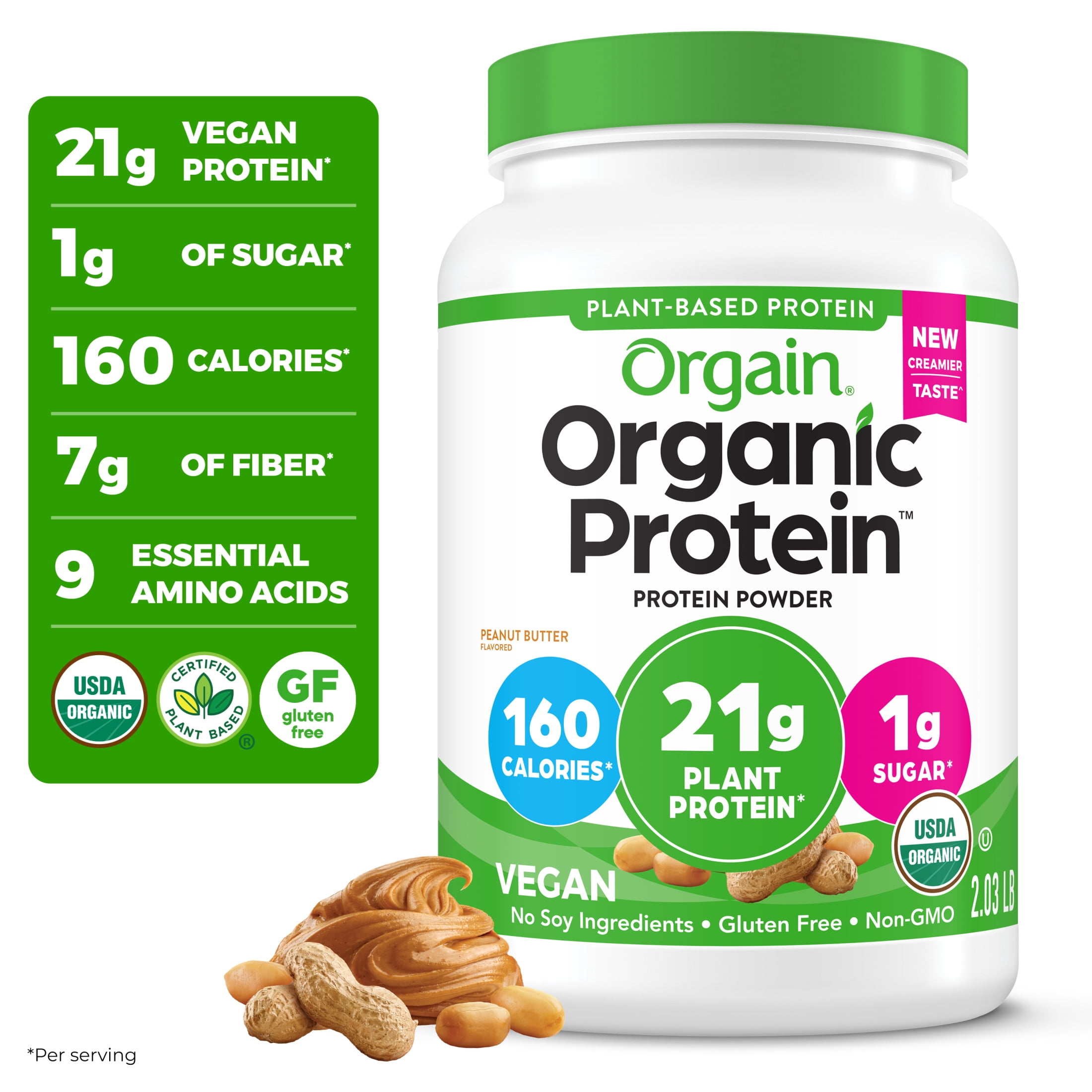 Orgain Organic Vegan 21g Protein Powder, Plant Based Shake Drink, Peanut Butter 2.03lb