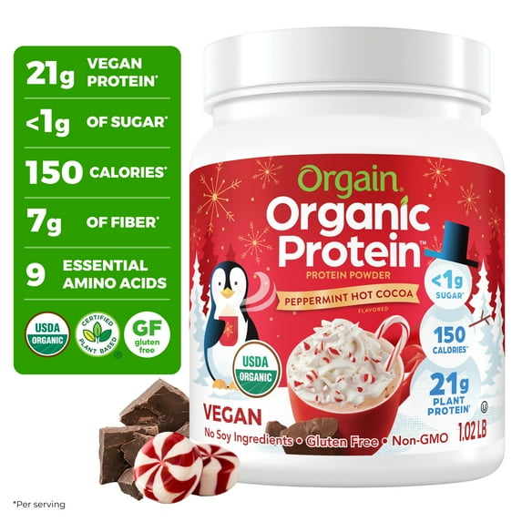 Orgain Organic Vegan 21g Protein Powder, Plant Based Shake Drink, Peppermint Hot Cocoa 1.02lb