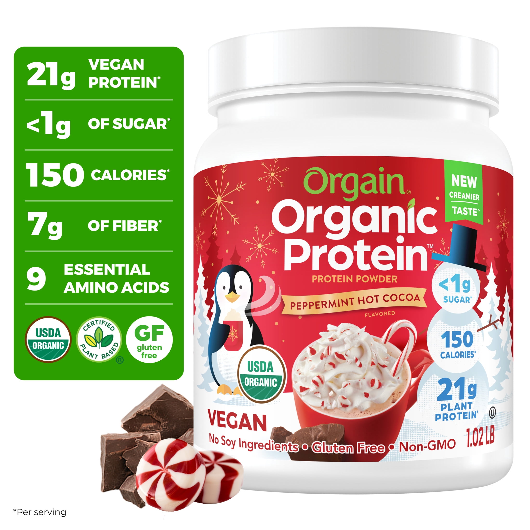 Orgain Organic Vegan 21g Protein Powder, Plant Based Shake Drink, Peppermint Hot Cocoa 1.02lb