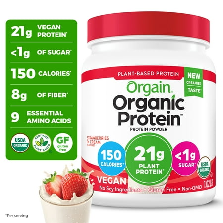 Orgain Organic Vegan 21g Protein Powder, Plant Based Shake Drink, Strawberries n Cream 1.02lb