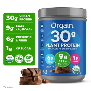 Orgain Organic Vegan 30g High Protein Powder, Plant Based Shake Drink, Prebiotic Fiber, Chocolate, 1.26lb