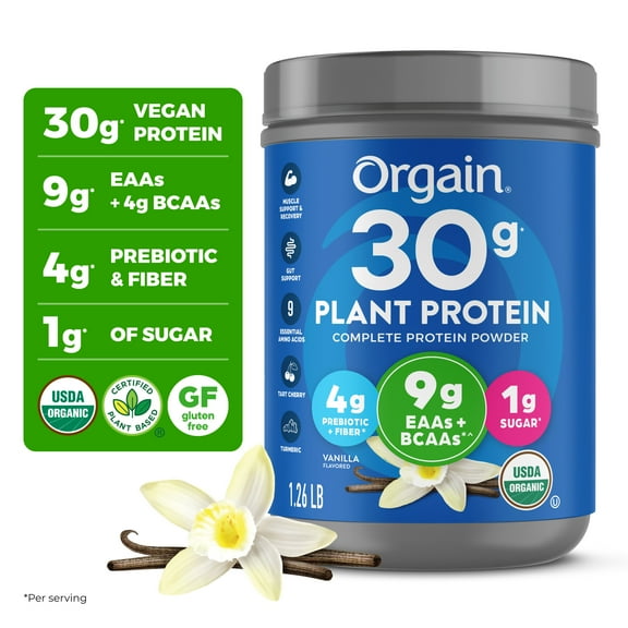Orgain Organic Vegan 30g High Protein Powder, Plant Based Shake Drink, Prebiotic Fiber, Vanilla, 1.26lb