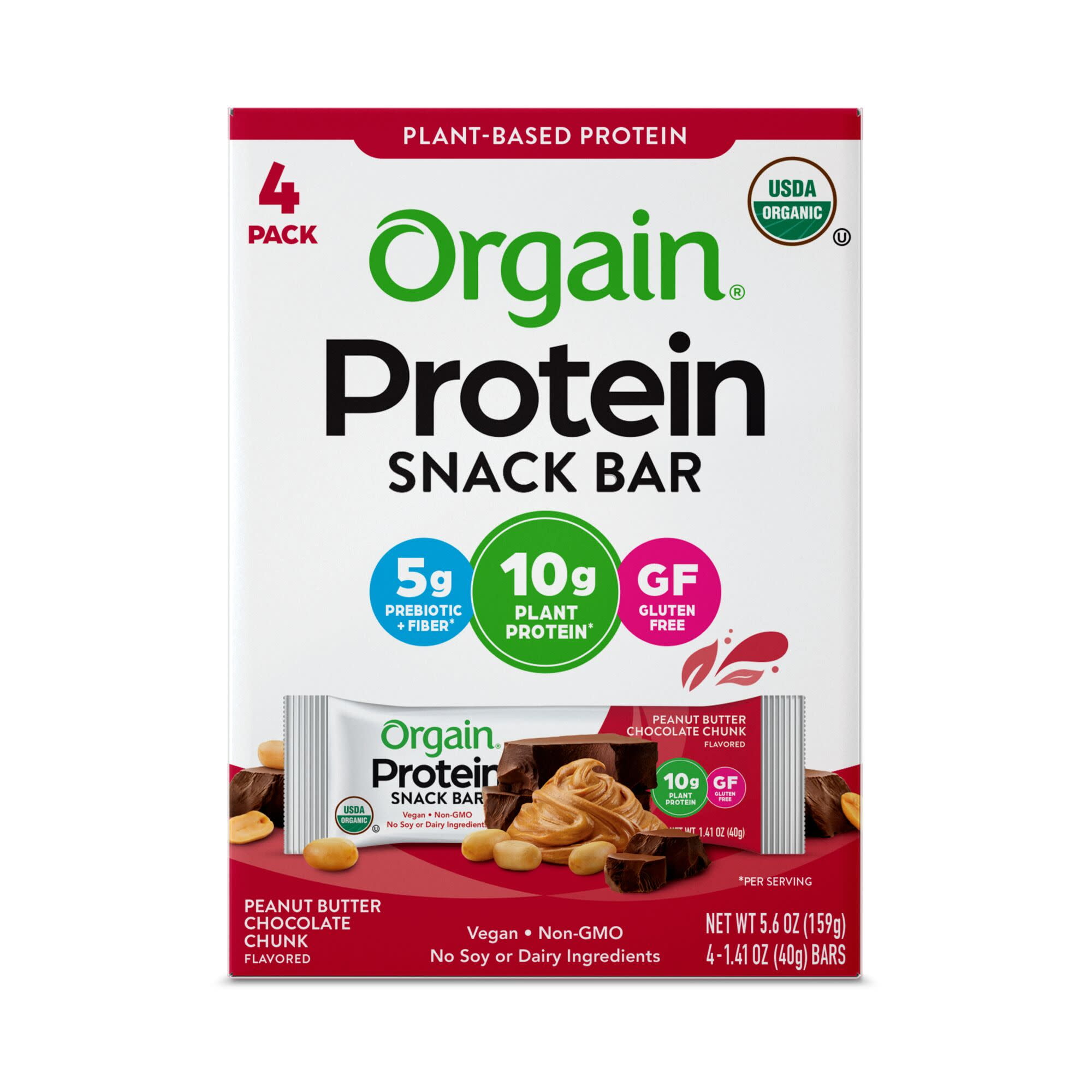 Orgain Organic Vegan Protein Bar, Peanut Butter Chocolate Chunk, 4ct