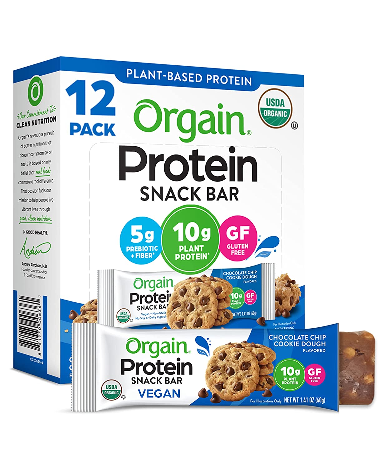 Orgain Organic Vegan Protein Bars, Chocolate Chip Cookie Dough 10g