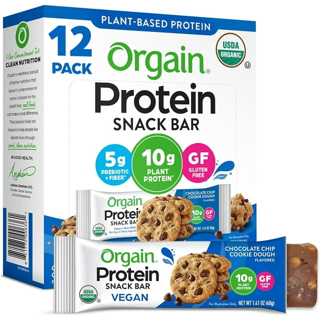 Orgain Organic VeganEGSC&nbsp;Protein Bars, Chocolate Chip Cookie Dough - Plant Based Protein, Low Calorie Healthy Snacks, No Lactose or Soy Ingredients, Gluten Free, Non-GMO - 1.41 Oz (Pack of 12)