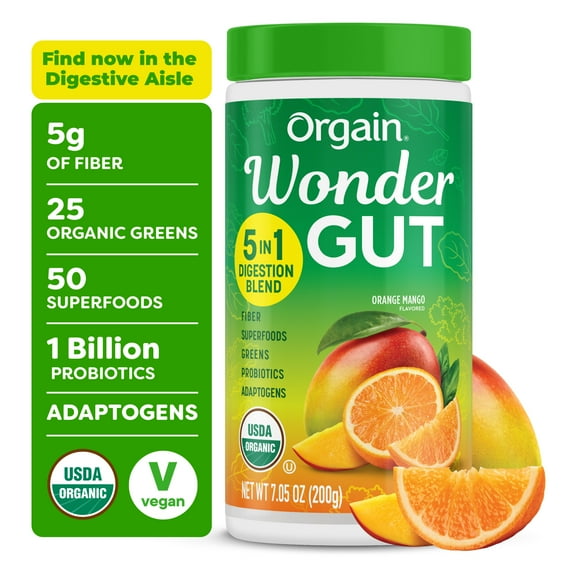 Orgain Vegan Organic Wonder Gut 5-in-1 Daily Fiber & Greens Superfoods Supplement Powder, Orange Mango 0.44lb