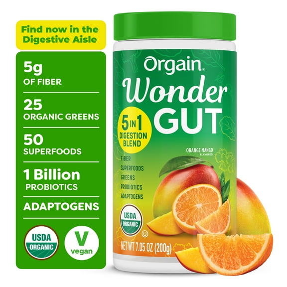 Orgain Vegan Organic Wonder Gut 5-in-1 Daily Fiber & Greens Superfoods Supplement Powder, Orange Mango 0.44lb