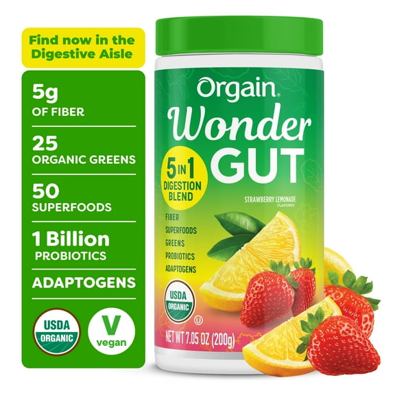 Orgain Vegan Organic Wonder Gut 5-in-1 Daily Fiber & Greens Superfoods Supplement Powder, Strawberry Lemonade 0.44lb