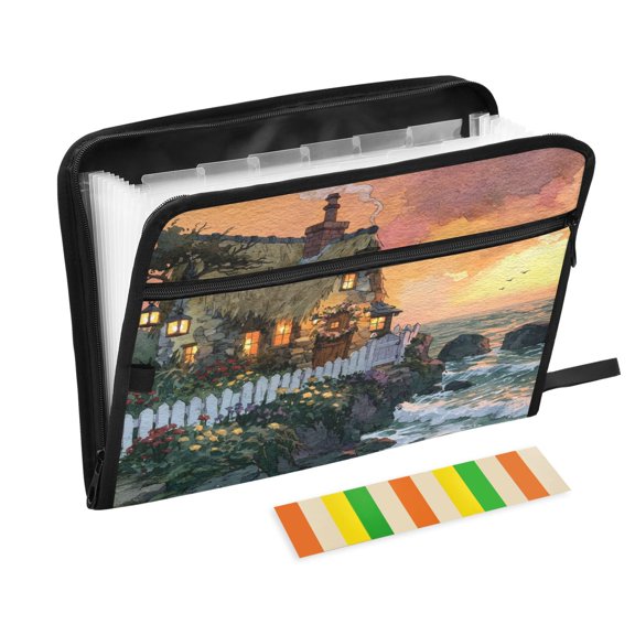 Organ Folder 14.2 x 0.8 x 10.6 Inches 13 Separate Pockets A4 Size Documents Folder A Sort Storage File Manager For The Home Office Cozy Cottage Sunset Scene