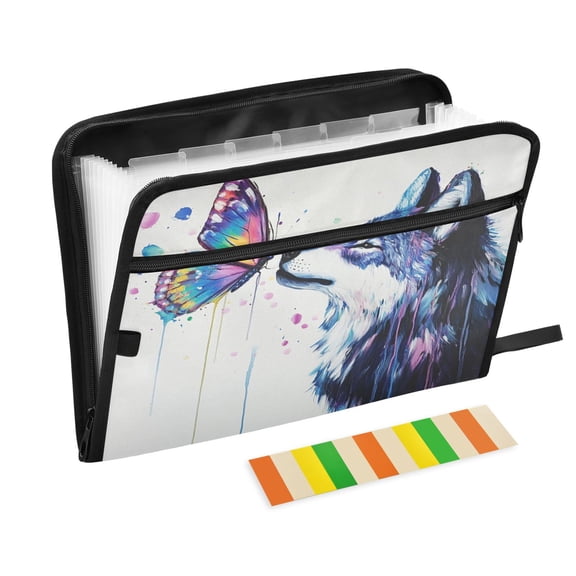 Organ Folder 14.2 x 0.8 x 10.6 Inches 13 Separate Pockets A4 Size Documents Folder A Sort Storage File Manager For The Home Office Wolf and Colorful Butterflies