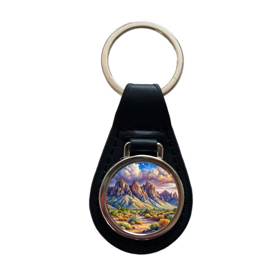 Organ Mountains-Desert Peaks National Monument New Mexico Watercolor Style Metal Black Leather Keychain
