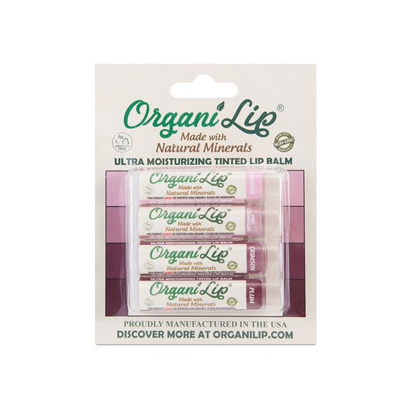 OrganiLip Tinted Lip Balm Moisturizer - Natural Moisturizer for Cracked & Dry Lips - All-Day Ultra Moisturizing Lip Care for Kids and Adults - Shimmer, Pink Champagne, Crimson, Plum Colors - 4 Pack
