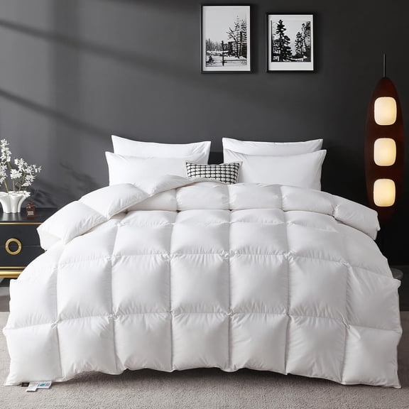 Organic 75% Down Fiber Comforter Oversize Queen Size,850+FP,1200TC,Extra Fluffy,Hotel Style,Luxury Ultra Soft All Season White Duvet Insert with 8 Corner Tabs