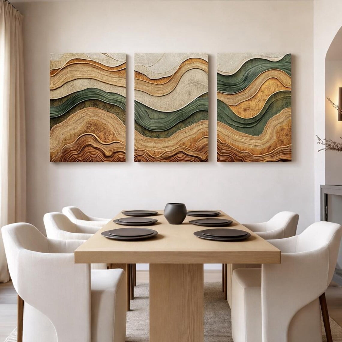 Organic Abstract Wall Art Set, Neutral Beige Green Triptych For Modern ...