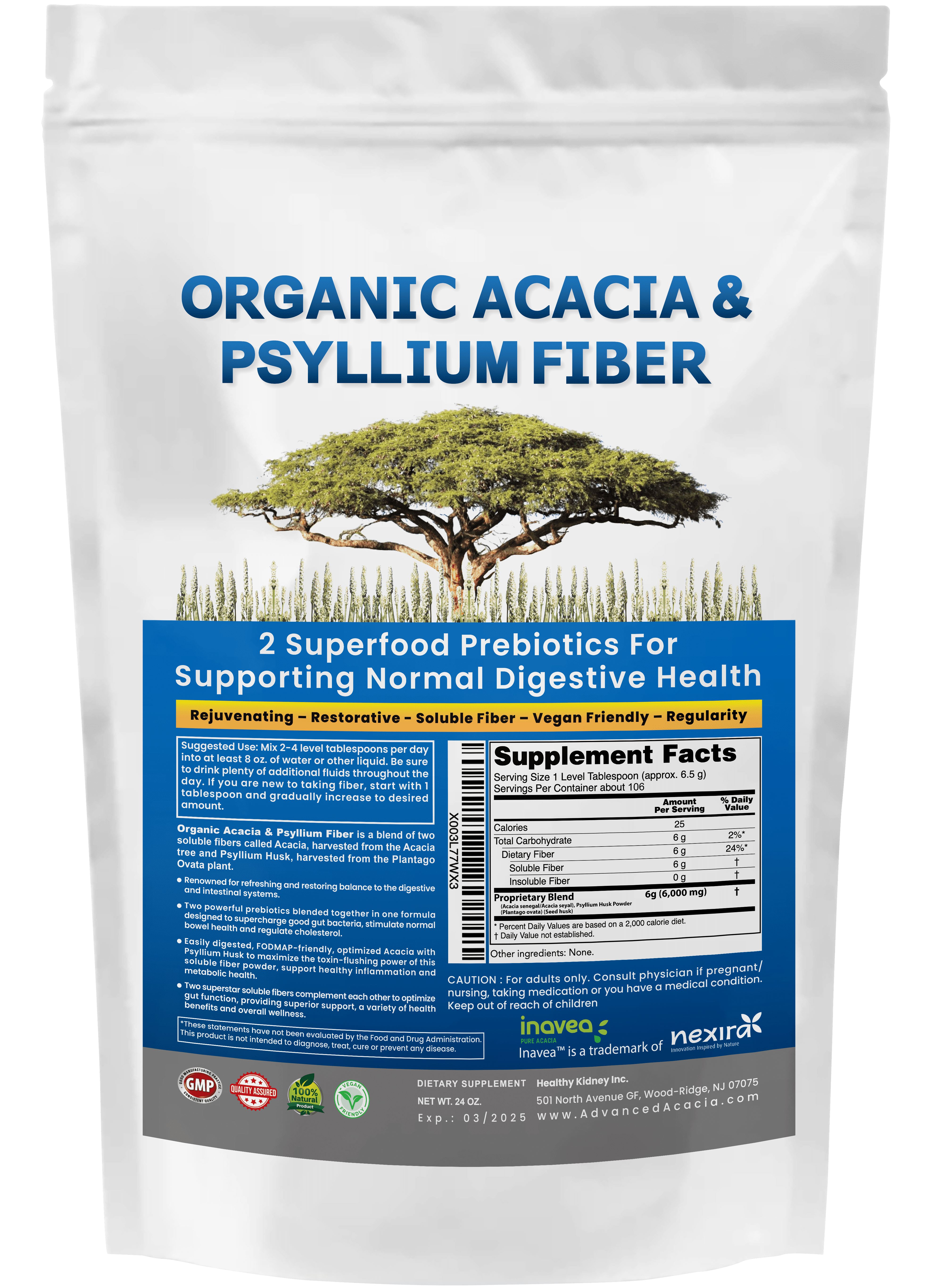 Organic Acacia & Psyllium Husk Fiber Powder - Premium Blend for Digestive Wellness - 1.5 lbs (24oz)