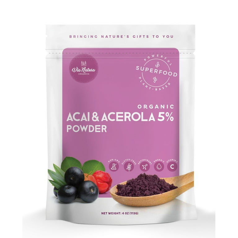 Organic Acai Acerola 5 Powder 4oz. Freeze Dried from Brazil Superfood Non GMO Gluten Free Plant Based Antioxidant Omega 3 Vitamin