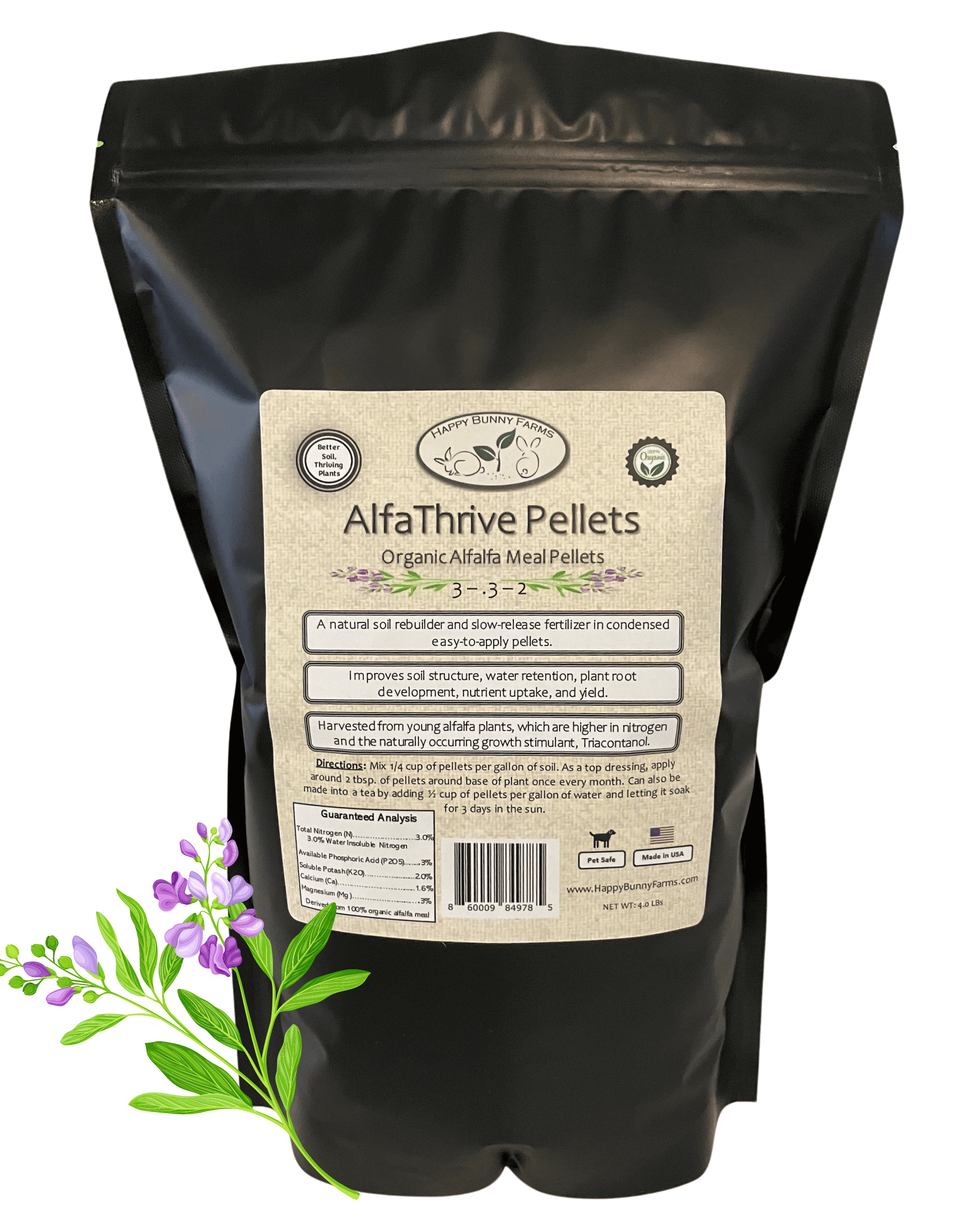 Organic Alfalfa Meal Pellets 4lbs, 3.32 NPK. AlfaThrive Organic