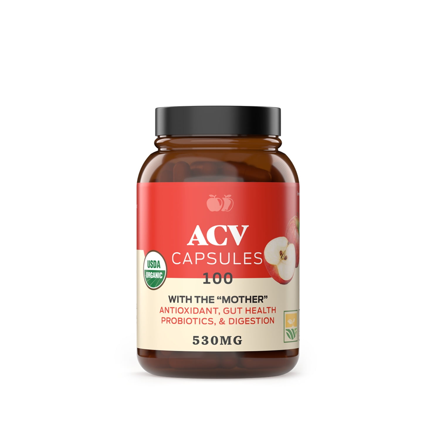 Organic Apple Cider Vinegar Capsules - 530mg 100 Pills Pure ACV with The Mother, Organic Diet & Unfiltered Nutrition