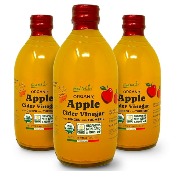 Organic Apple Cider Vinegar with Ginger and Turmeric, 500 ml – Non-GMO, Vegan, Bulk (Pack of 3) - by Food To Live