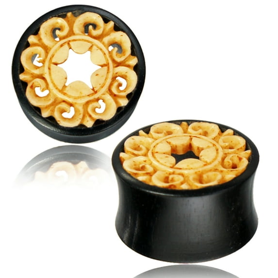 Organic Arang Wood Antique Tribal Praise the Sun Bone Inlay Double Flared Saddle Ear Tunnels, Pair