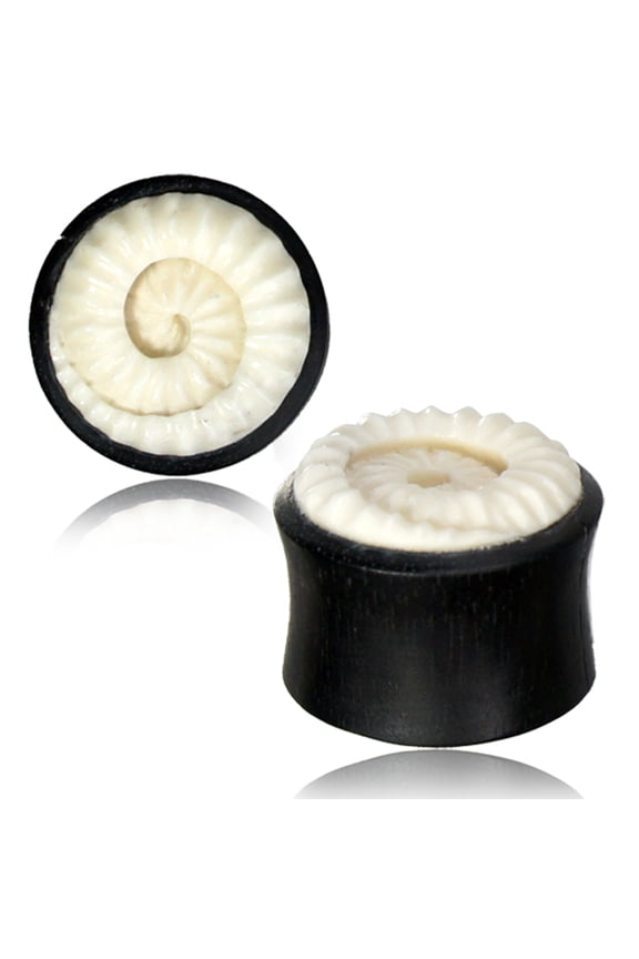 Organic Arang Wood Dragon Spiral Tail Bone Inlay Double Flared Saddle Ear Plugs, Pair