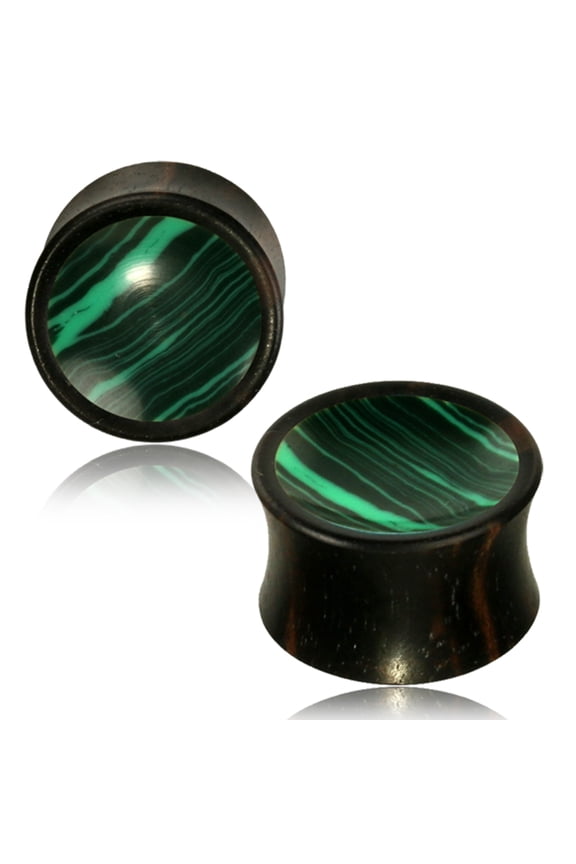 Organic Arang Wood Malachite Inlay Two-Tone Double Flared Saddle Ear Plugs, Pair