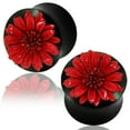 thumbnail image 1 of Organic Arang Wood Red Floral Gerbera Daisy Double Flared Saddle Ear Plugs, Pair, 1 of 1