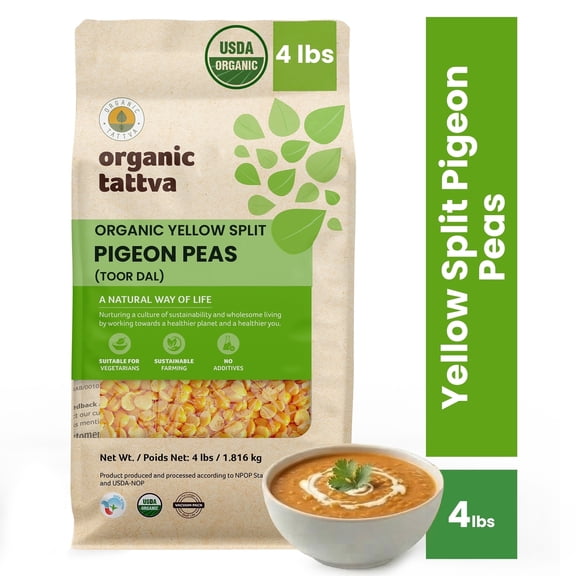 Organic Tattva Yellow Split Pigeon Peas 4LB, Unpolished Toor Dal (Arhar), Tur Dal, Vegan, Kosher, No Additives, USDA Certified