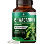 Organic Ashwagandha 1,950 mg - Extra Strength Unwind, Calm & Relax Support with BioPerine - Natural Focus & Energy Support Supplement - Nature's Non-GMO, Vegan, Gluten Free - 60 Capsules