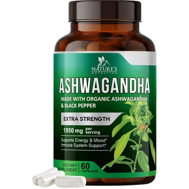 Organic Ashwagandha 1,950 mg - Extra Strength Unwind, Calm & Relax Support with BioPerine - Natural Focus & Energy Support Supplement - Nature's Non-GMO, Vegan, Gluten Free - 60 Capsules
