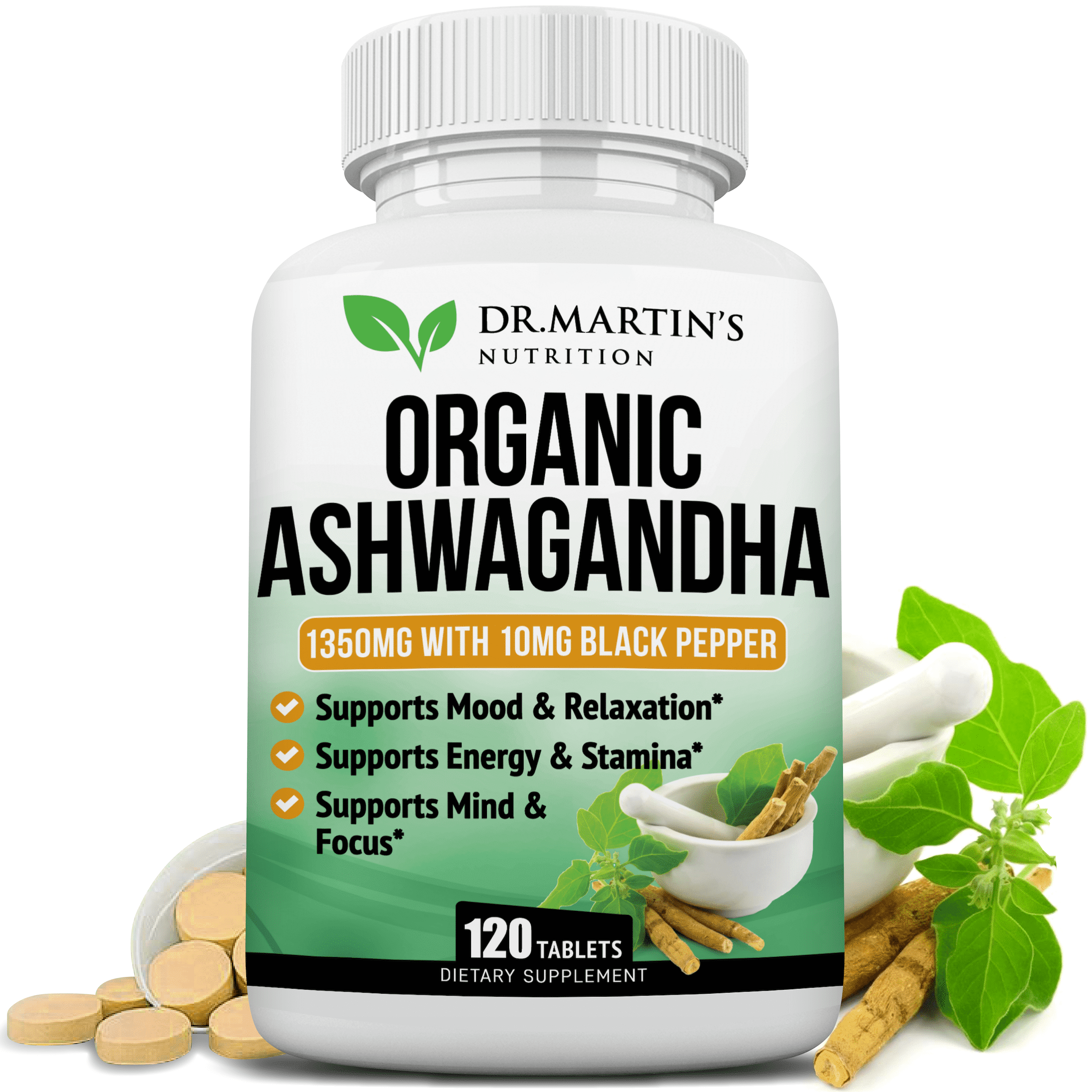 Organic Ashwagandha 1350mg  180 Vegan Tablets with Black Pepper  Stress Relief, Adrenal & Thyroid Support, Mood, Energy, Muscle Strength  For Men & Women