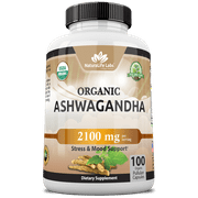 Organic Ashwagandha 2,100 mg - 100 Vegan Capsules Pure Organic Ashwagandha Powder and Root Extract