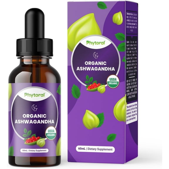 Phytoral Organic Ashwagandha Liquid Drops for Adults - Potent Liquid Ashwagandha Root Extract for Energy and Mood Support - Tincture Vegan Non-GMO Gluten & Alcohol-Free (120 Servings)