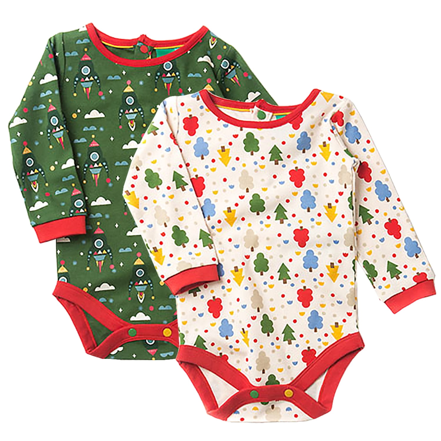 Organic Baby Clothes – Long Sleeve Onesie Bodysuit, Fairtrade Cotton (Forest / Rocket, 0-3 months)
