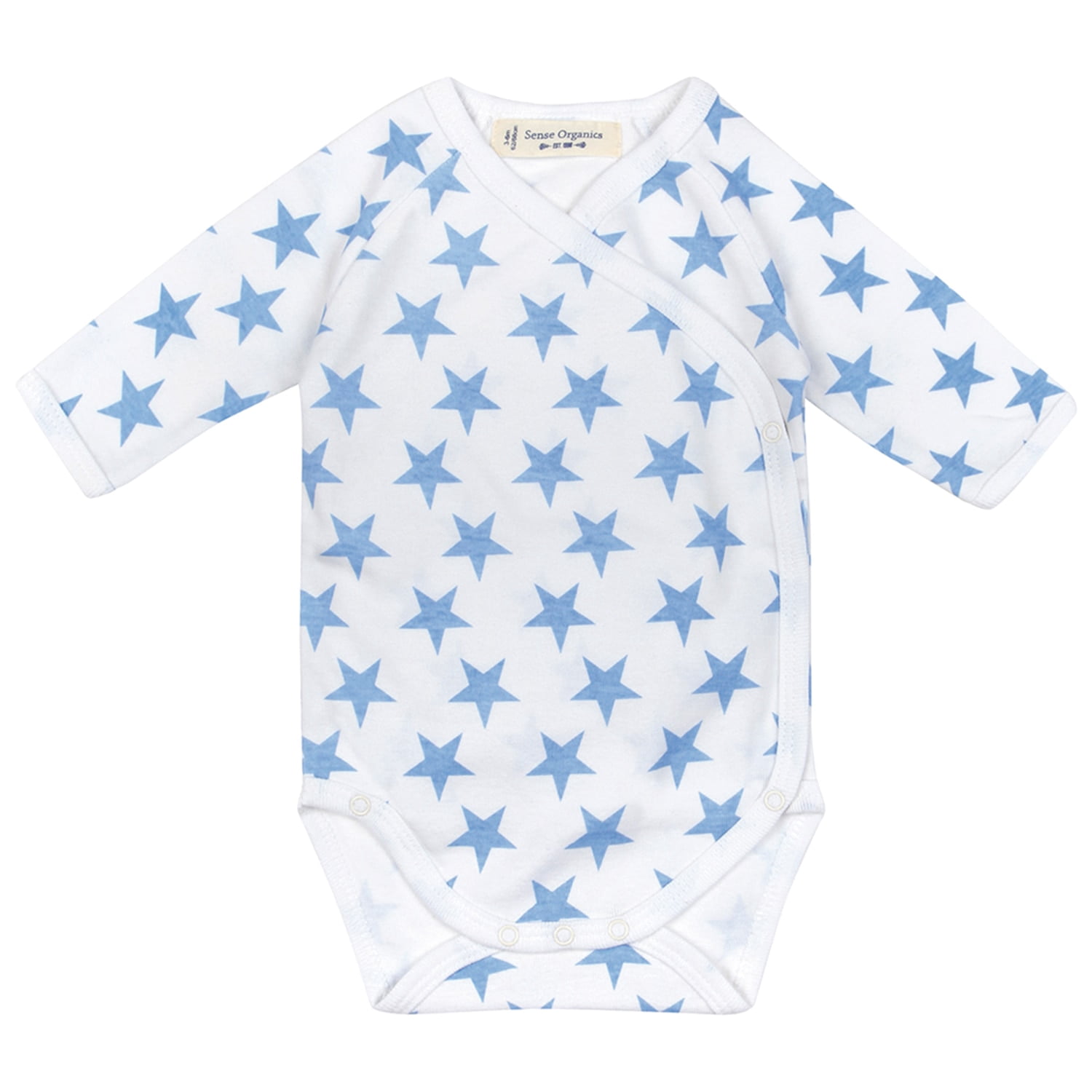 Organic Baby Clothes – Side Snap Onesie Bodysuit with Long Sleeves, GOTS Cotton (Blue Stars, 6-9 months)