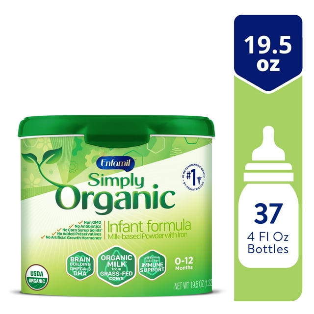 Organic Baby Formula Simply Organic by Enfamil, No Corn Syrup, Organic Milk from Grass-Fed Cows, Milk-Based Powder with Iron, Non-GMO, Powder Tub, 19.5 Oz