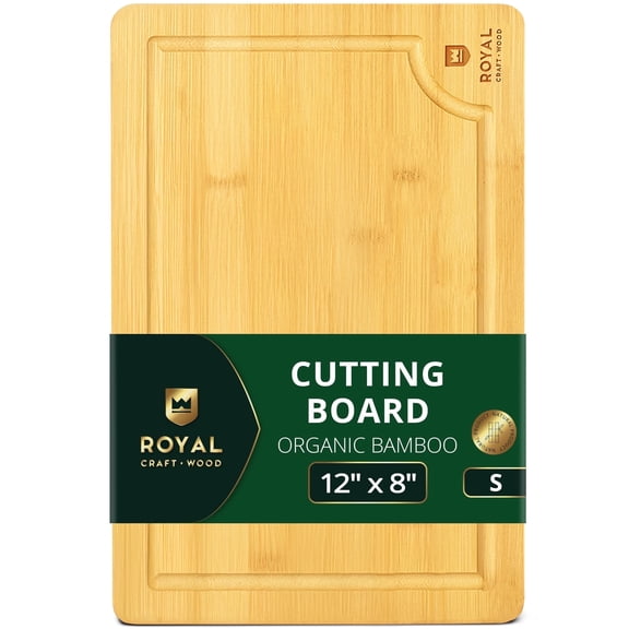 Royal Craft Wood Bamboo Cutting Board with Juice Groove – Small Wooden Butcher Block for Kitchen Meal Prep, Chopping Board for Meat, Cheese & Vegetables with Handles (S, 12" x 8")