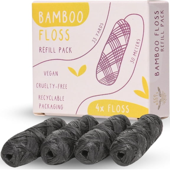 Organic Bamboo Floss Refill x4 Rolls, Eco Friendly Dental Charcoal Floss | Reusable & Vegan Bamboo Tooth Flossers | Zero Waste, Plastic Free, Biodegradable