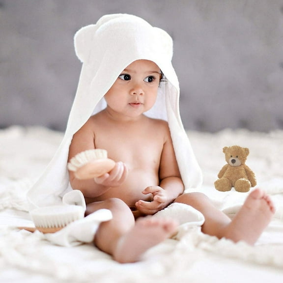 Organic Bamboo Hooded Baby Towel- Ultra Soft and Super Absorbent Baby Bath Towels for Newborns. 2 Washcloths Set, White Bear Ears, Large
