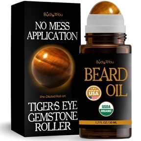 Organic Beard Oil for Men Roll On Beard Oil Mens Conditioner - 9 Premium 100% Pure USDA Oils Jojoba Castor Argan - Mustache Natural Scent Vegan Shave Balm - Tiger Eye Stone Roller Bottle 1.7oz