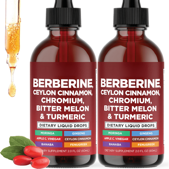 Organic Berberine Liquid Drops with Ceylon Cinnamon – Herbal Supplement with Bitter Melon, Glucomannan, Turmeric & Chromium for Blood Sugar & Metabolic Support, 2 fl oz （2 PACK）
