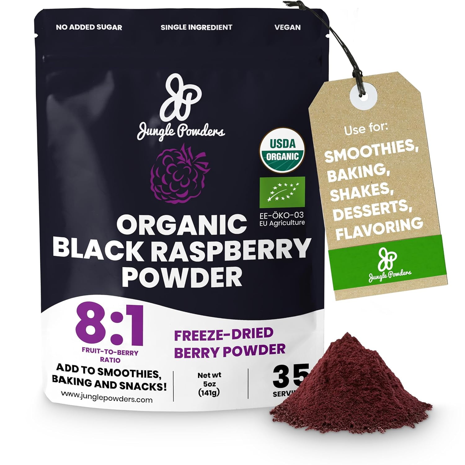 Organic Black Raspberry Powder 5 Ounce Bag, USDA Organic Freeze Dried Raspberries Fruit Whole