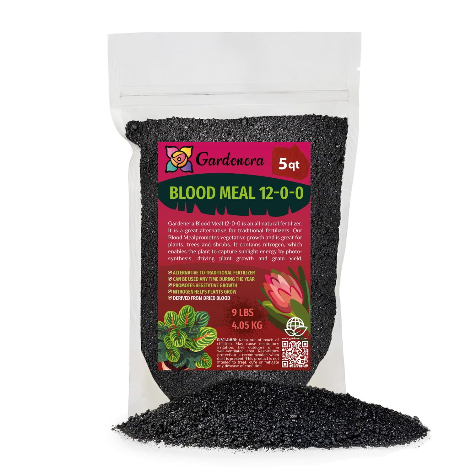 ⭐ 𝐁𝐄𝐒𝐓𝐒𝐄𝐋𝐋𝐄𝐑 Organic Blood Meal Fertilizer by Gardenera Labs - 12-0-0 NPK - All-Natural Plant Food Source of Nitrogen for Organic Gardening, Flowers, Vegetables, Trees & Shrubs - 5 QUARTS