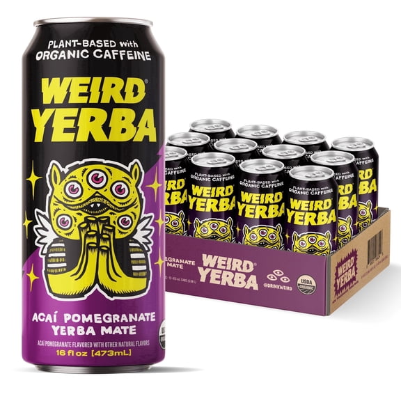 Drink Weird Organic Acai Pomegranate Yerba Mate 16oz Cans, 160mg Organic Caffeine, Pack of 12 Organic Energy Drink Alternative