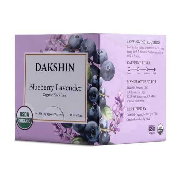 Dakshin Blueberry Lavender Black Tea Naturally Caffeinated Floral Blend, 16 Bags
