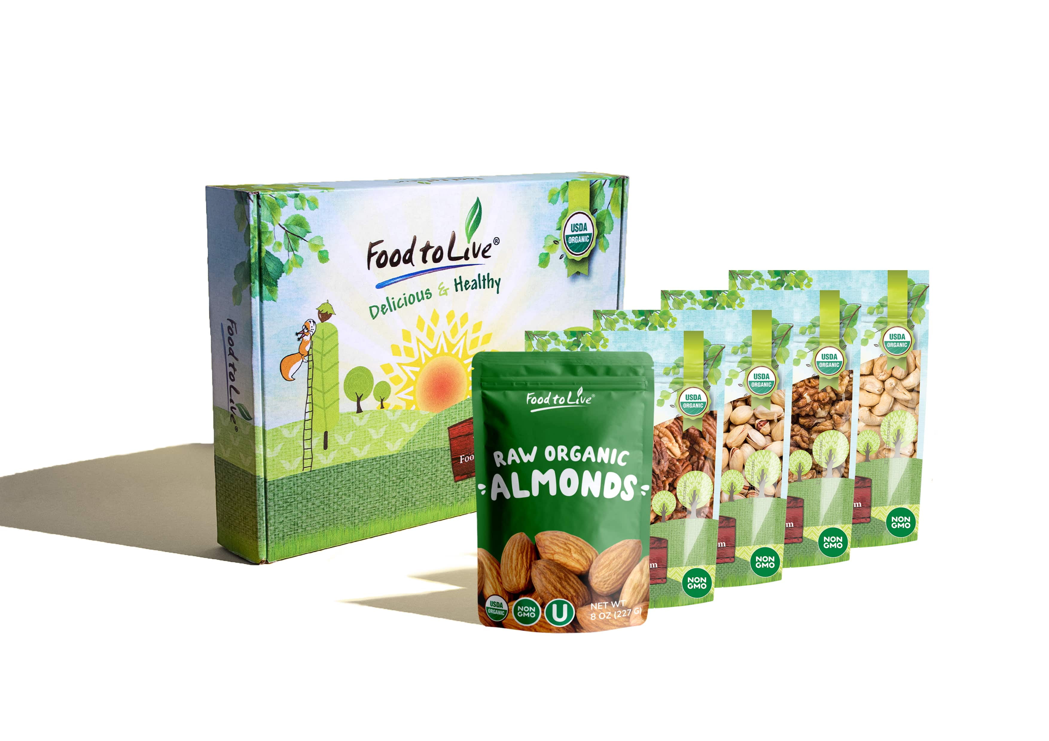 Organic Brain Healthy Nuts Gift Box - Pecans, Walnuts, Almonds, Pistachios, Cashews - by Food to Live