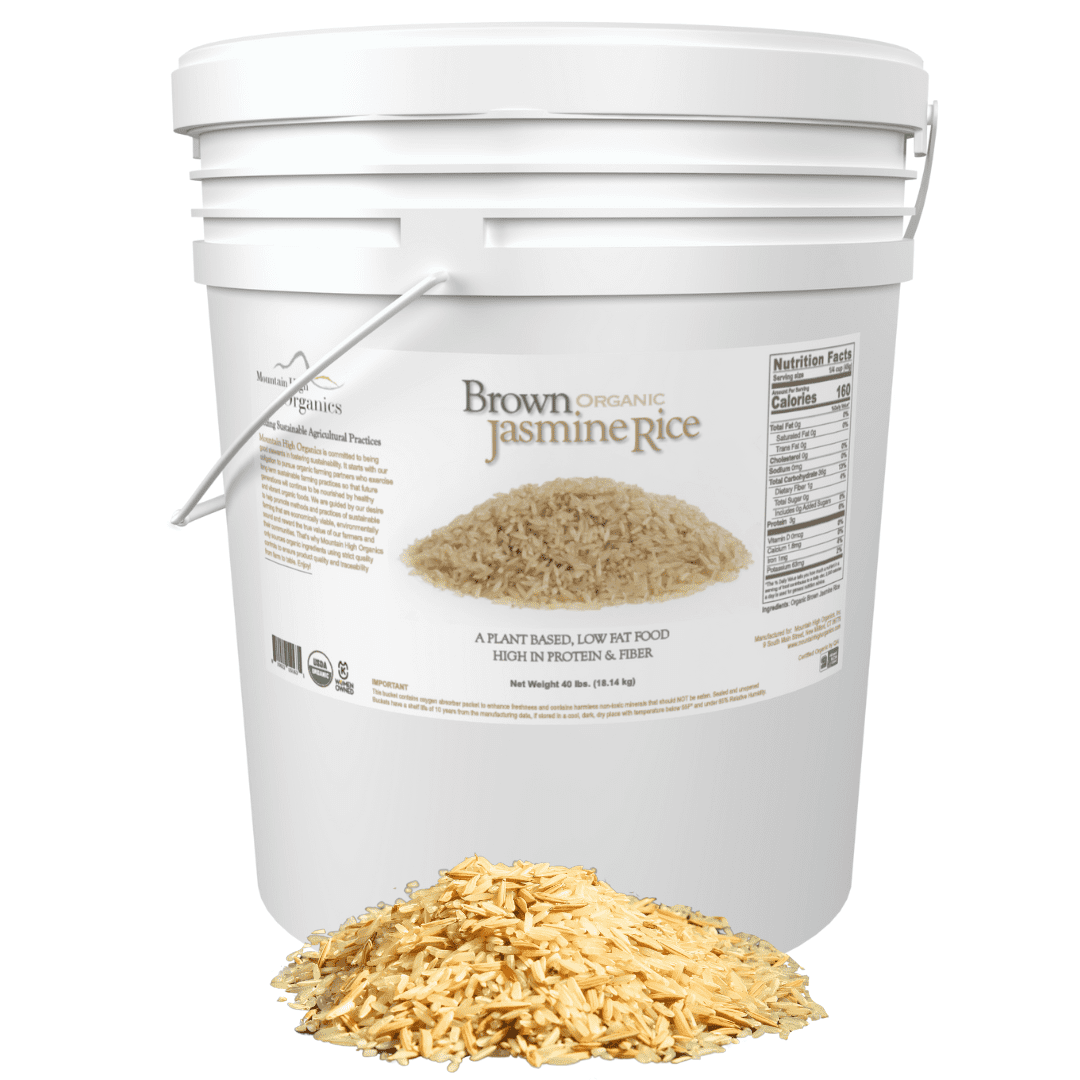 Rice, Jasmine Brown,  40LB Emergency Bucket, USDA Certified Organic & GMO Free, Sustainable Farming Practices-Mountain High Organics