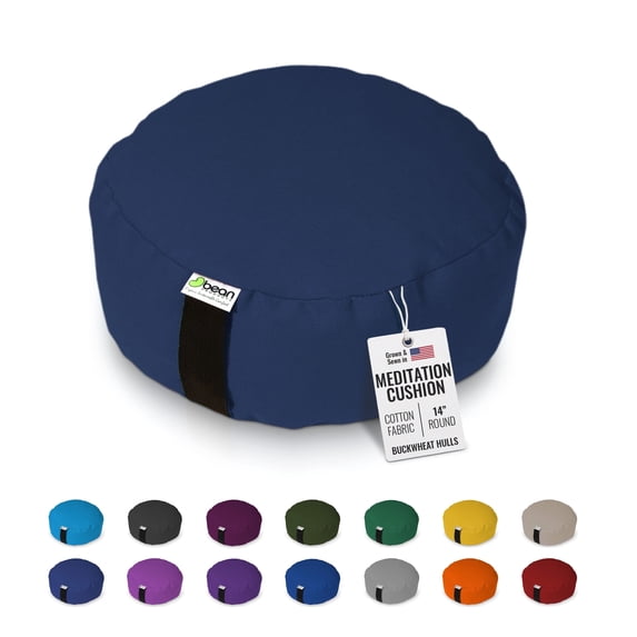 Organic Buckwheat Hulls 14" Round Zafu Meditation Cushion - Tibetan Style Organic Cotton Zen Yoga Pillow for Floor - Made in USA, Blue