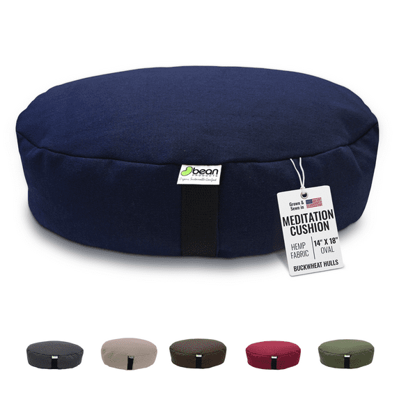 Organic Buckwheat Hulls Oval XL - 14" x 18" Zafu Meditation Cushion - Tibetan Style Natural Hemp Zen Yoga Pillow for Floor - Made in USA, Blueberry